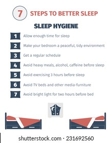 Sleep Infographic.Sleep Hygiene, 7 Steps. Flat Vector Illustration.