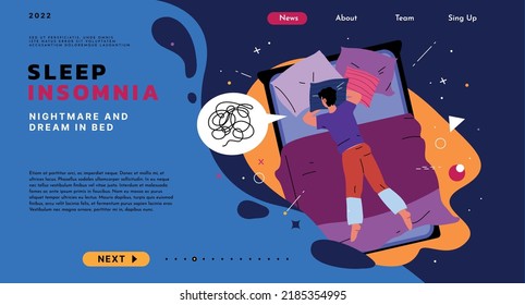 Sleep insomnia, anxiety and melatonin. Landing page. Nightmare and dream in bed, health or depression of woman night. Web banner. Woman or man top view. Sleeping person vector graphic illustration