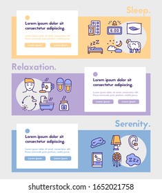 Sleep and insomnia color linear vector icons set. Pillow, sleeping pills, count sheep, bad dream, relax. Rest in hotel.