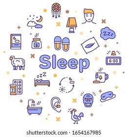 Sleep and insomnia color linear vector icons set. Pillow, sleeping pills, count sheep, bad dream, relax. Rest in hotel.