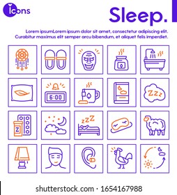Sleep and insomnia color linear vector icons set. Pillow, sleeping pills, count sheep, bad dream, relax. Rest in hotel.