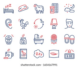 Iconos vectoriales lineales en color de sueño e insomnio. Almohada, pastillas para dormir, contar ovejas, mal sueño, relajarse. Descansa en el hotel.
