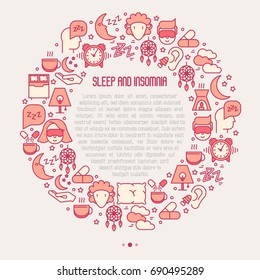 Sleep and insomnia concept circle with thin line icons: man in sleeping mask, comfortable pillow, alarm, aroma lamp, earplugs, sheep. Vector illustration for banner, web page, print media.