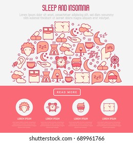 Sleep and insomnia concept in half circle with thin line icons: man in sleeping mask, comfortable pillow, alarm, aroma lamp, earplugs, sheep. Vector illustration for banner, web page, print media.