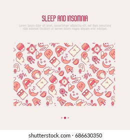Sleep and insomnia concept with thin line icons: man in sleeping mask, comfortable pillow, alarm, aroma lamp, earplugs, sheep. Vector illustration for banner, web page, print media.