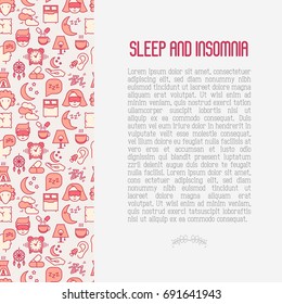 Sleep and insomnia concept with thin line icons: man in sleeping mask, comfortable pillow, alarm, aroma lamp, earplugs, sheep. Vector illustration for banner, web page, print media.