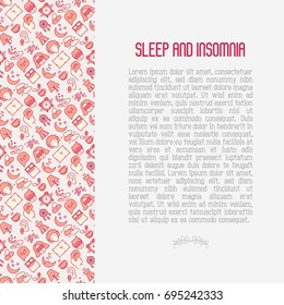 Sleep and insomnia concept with thin line icons: man in sleeping mask, comfortable pillow, alarm, aroma lamp, earplugs, sheep. Vector illustration for banner, web page, print media.