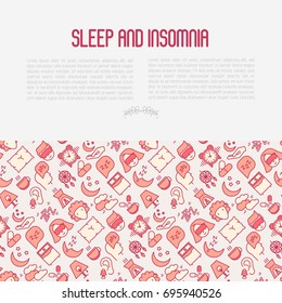 Sleep and insomnia concept with thin line icons: man in sleeping mask, comfortable pillow, alarm, aroma lamp, earplugs, sheep. Vector illustration for banner, web page, print media.