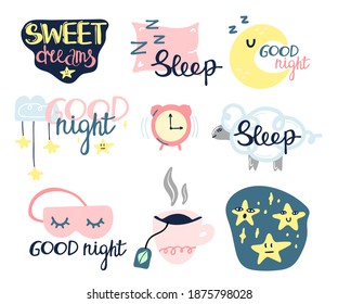 Sleep and insomnia doodle set. Cute emblems in pastel colors pillow, moon and stars, eyemask and alarm with hand drawn lettering phrase, bedtime stickers and print vector cartoon collection