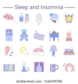 Sleep and Insomnia flat icons set vector illustration. Collection of flat symbols of bedtime rest dreamcatcher awakening for infographics website print media brochures.