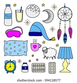 Sleep and insomnia items including moon, milk, stars, sheep, pillow, tea or coffee, pills, dream catcher, mask, alarm clock and nightcap isolated on white background.