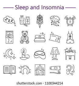 Sleep and Insomnia line icons set vector illustration. Collection of outline flat symbols of bedtime rest dreamcatcher awakening for infographics website print media brochures editable stroke