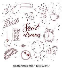 Sleep and insomnia outline items including moon, stars, sheep, pillow, tea or coffee, pills, dream catcher, mask, alarm clock, nightcap isolated on white background. 