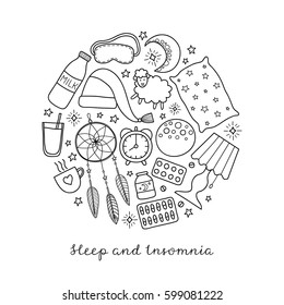 Sleep and insomnia outline items including moon, milk, stars, sheep, pillow, tea or coffee, pills, dream catcher, mask, alarm clock, nightcap composed in circle shape.