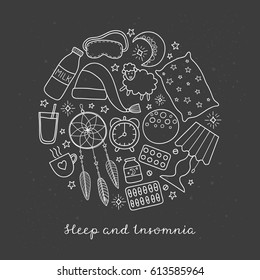 Sleep and insomnia outline items including moon, milk, stars, sheep, pillow, tea or coffee, pills, dream catcher, mask, alarm clock, nightcap composed in circle shape.