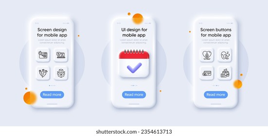 Sleep, Inspect and Online loan line icons pack. 3d phone mockups with calendar. Glass smartphone screen. Packing boxes, Carrots, Quick tips web icon. Local grown, Payment method pictogram. Vector