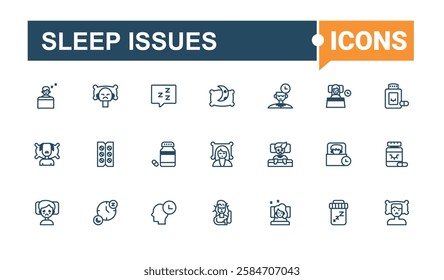 Sleep Issues collection. Includes icons for bullying, bedding, behaviour, dream, deprivation, man, trouble and more. Isolated icon. Solid line editable stroke. Vector line and solid icons.