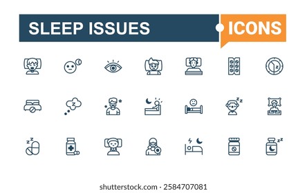 Sleep Issues collection. Includes icons for bullying, bedding, behaviour, dream, deprivation, man, trouble and more. Isolated icon. Solid line editable stroke. Vector line and solid icons.