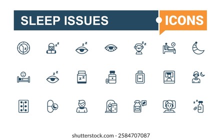 Sleep Issues collection. Includes icons for bullying, bedding, behaviour, dream, deprivation, man, trouble and more. Isolated icon. Solid line editable stroke. Vector line and solid icons.