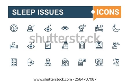 Sleep Issues collection. Includes icons for bullying, bedding, behaviour, dream, deprivation, man, trouble and more. Isolated icon. Solid line editable stroke. Vector line and solid icons.