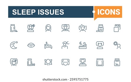 Sleep Issues linear icon. Featuring insomnia, bedding, pill, moon, bed and more. Sleep Problems icons. Outline symbol collection. Minimalistic icon collections.