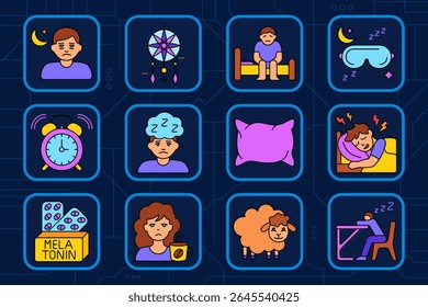 Sleep issues set icon. Night sadness, dreamcatcher, sitting in bed, eye mask, alarm clock, tired face, pillow, bad dream, melatonin box, coffee, sheep, sleep at desk.