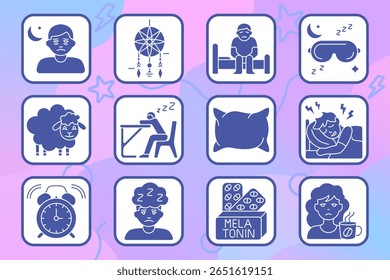 Ícone de conjunto de problemas de suspensão. Pensamentos noturnos, catador de sonhos, sentado na cama, máscara de sono, ovelha, sono de mesa, travesseiro, pesadelos, alarme, cabeça sonolenta, melatonina, fadiga de cafeína.