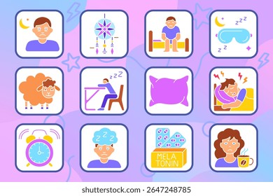 Sleep issues set icon. Tired face, dreamcatcher, sitting in bed, sleeping mask, sheep, sleep at desk, pillow, headache in bed, alarm clock, sleepy mind, melatonin, morning fatigue.