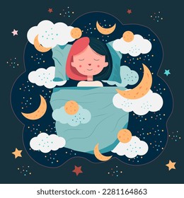 sleep kid flat cartoon girl with a smile happy dream vector background. sleep kid girl with a smile and happy dream top view vector background. sleep kid girl with a smile and happy dream vector