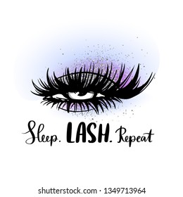 Sleep Lash Repeat. Hand Sketched Lashes Quote. Calligraphy Phrase For Beauty Salon, Lash Extensions Maker, Decorative Cards, Beauty Blogs. Stylish Vector Makeup Drawing. Closed Eyes. Glitter Eyeshadow