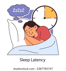 Sleep latency. Sleep onset latency. Time of a transition between wake and sleep. Young woman falling asleep on a pillow during the night. Dreaming female character. Flat vector illustration.