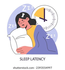 Sleep latency. Sleep onset latency. Time of a transition between wake and sleep. Young woman falling asleep on a pillow during the night. Dreaming female character. Flat vector illustration.