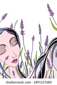 sleep in lavender fields.  in purple flowers a girl dreams of happiness.  hair blowing in the wind in lavender.  vector illustration on isolated background.