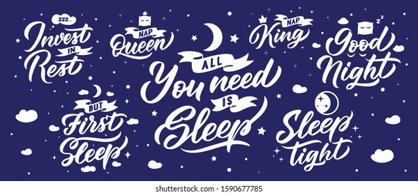 Sleep lettering phrases. Set for your cards and banners. Vector illustration collection. Handwritten compositions for your design, interior labels, stickers with stars, clouds, moon flat icons