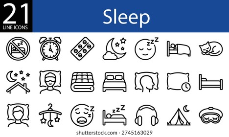Sleep line icon collection in outline style, rest, bedtime, dreams, sleepwear, and night routines