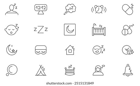 Symbolsammlung für Ruheposition. Schlafen, Schlafzimmer, Traum, Kissen, Bett, Wecker, Störungen, Schlaflosigkeit, Nacht-und Ruhe-Ikone-Set. UI-Gliederungssymbolpaket