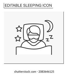 Sleep line icon. Person dreams in comfortable bed with blanket and pillow. Sleep mask. Night time. Dreams.Sleeping concept. Isolated vector illustration. Editable stroke