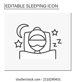 Sleep line icon. Person dreams in comfortable bed with blanket and pillow. Sleep mask. Night time. Dreams.Sleeping concept. Isolated vector illustration. Editable stroke