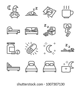 Sleep line icon set. Included the icons as insomnia, sleepless, bed, bedtime, sleepwalk, night, sleeping pill and more.