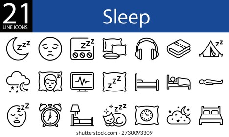 Sleep line icon set in outline style, moon phases, bedtime routines, pillows, beds, and dream symbols
