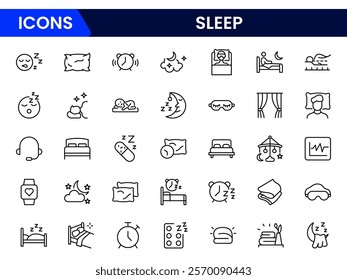 Sleep line icon set. Sleeping person, sleep, night rest, bed, pillow, sleeping pills, earplugs, moon, lullaby, bedtime story and more. Vector pictogram collection.