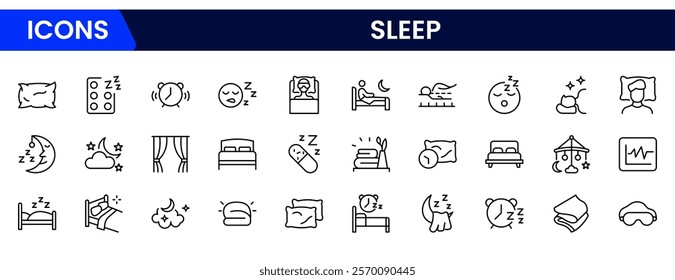 Sleep line icon set. Sleeping person, sleep, night rest, bed, pillow, sleeping pills, earplugs, moon, lullaby, bedtime story and more. Vector pictogram collection.