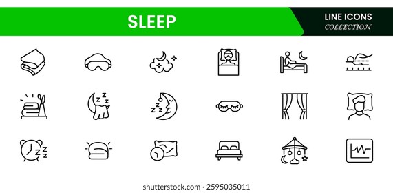 Sleep line icon set. Sleeping person, sleep, night rest, bed, pillow, sleeping pills, earplugs, moon, lullaby, bedtime story and more. Vector pictogram collection.