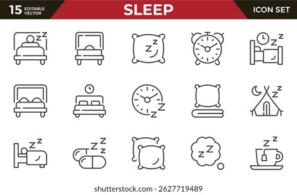 Sleep line icon set. Sleeping person, sleep, night rest, bed, pillow, sleeping pills, earplugs, moon, lullaby, bedtime story and more. Series outline icons. Vector pictogram collection.