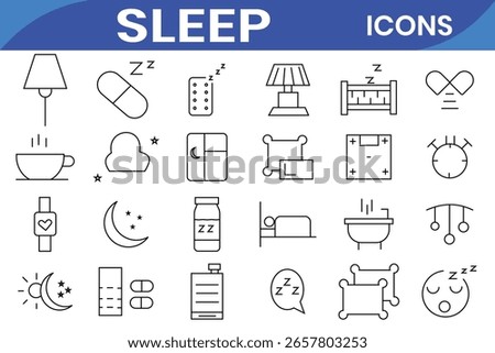 Sleep line icon set. Sleeping person, sleep, night rest, bed, pillow, sleeping pills, earplugs, moon, lullaby, bedtime story and more. Vector pictogram collection.
