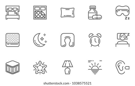 Sleep Line Icons Set. Sleeping Pills, Pillow, Mattress, Nightlight. Editable Stroke. 48x48 Pixel Perfect.