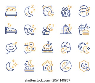 Sleep line icons. Sleeping pillow, Night bed and Insomnia sleeplessness. Bedroom rest mattress, Zzz snooze and Pillows with feather icons. Sleeping mask, Alarm clock and Human sleep in bed. Vector