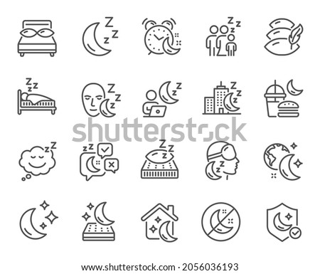 Sleep line icons. Sleeping pillow, Night bed and Insomnia sleeplessness. Bedroom rest mattress, Zzz snooze and Pillows with feather icons. Sleeping mask, Alarm clock and Human sleep in bed. Vector