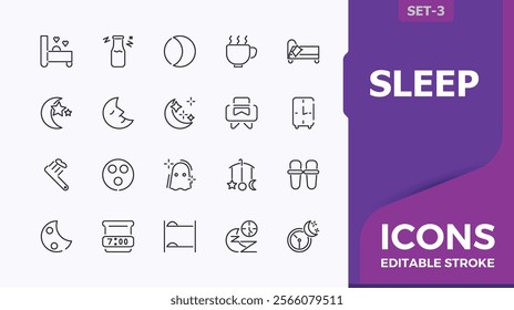 Sleep linear icon collection. Contains related to relax, bed, cotton, moon, pill, bedding, sleepy and more. Set of line pictogram. Vector minimalist icons editable stroke.