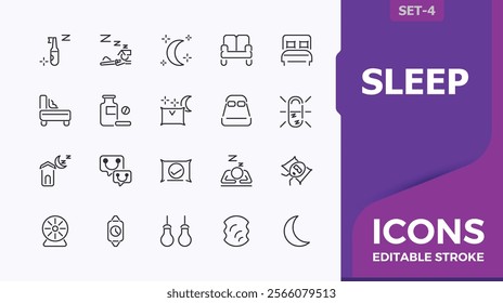 Sleep linear icon collection. Contains related to relax, bed, cotton, moon, pill, bedding, sleepy and more. Set of line pictogram. Vector minimalist icons editable stroke.